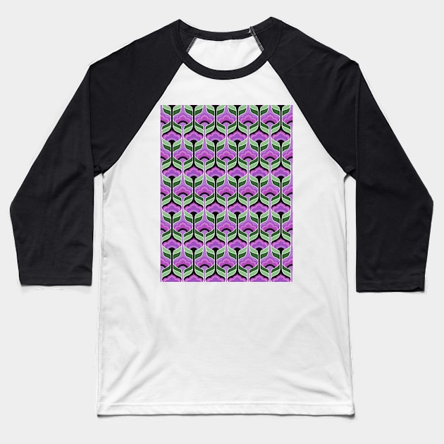 Purple and Green Bubble Flowers Seamless Pattern 1970s Inspired Baseball T-Shirt by GenAumonier